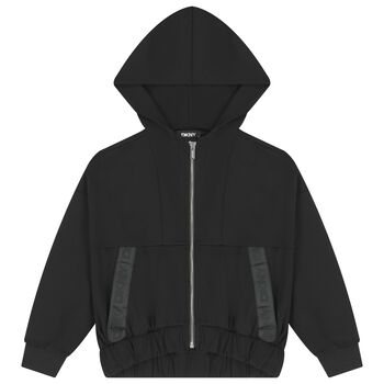 Girls Black Logo Hooded Zip-Up Top